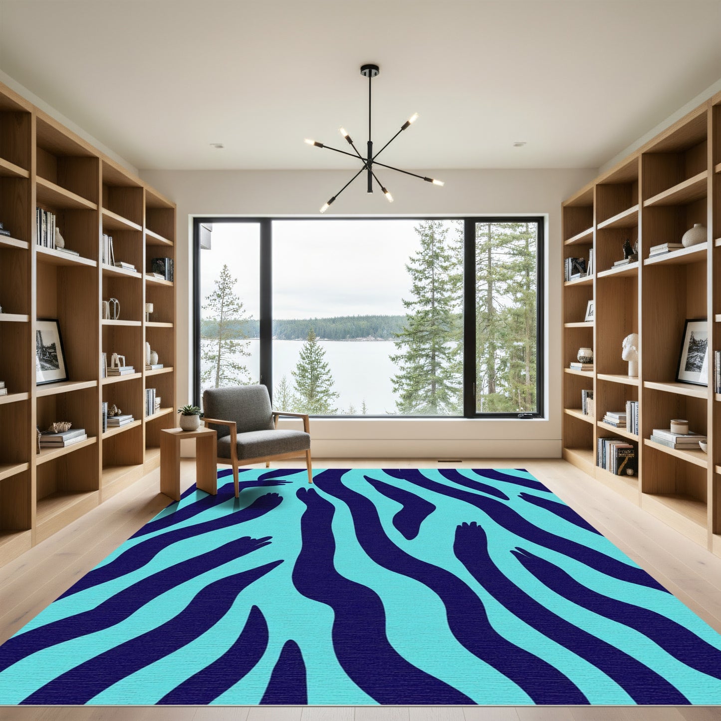 Aqua Dark Blue Wavy Stripes Rug