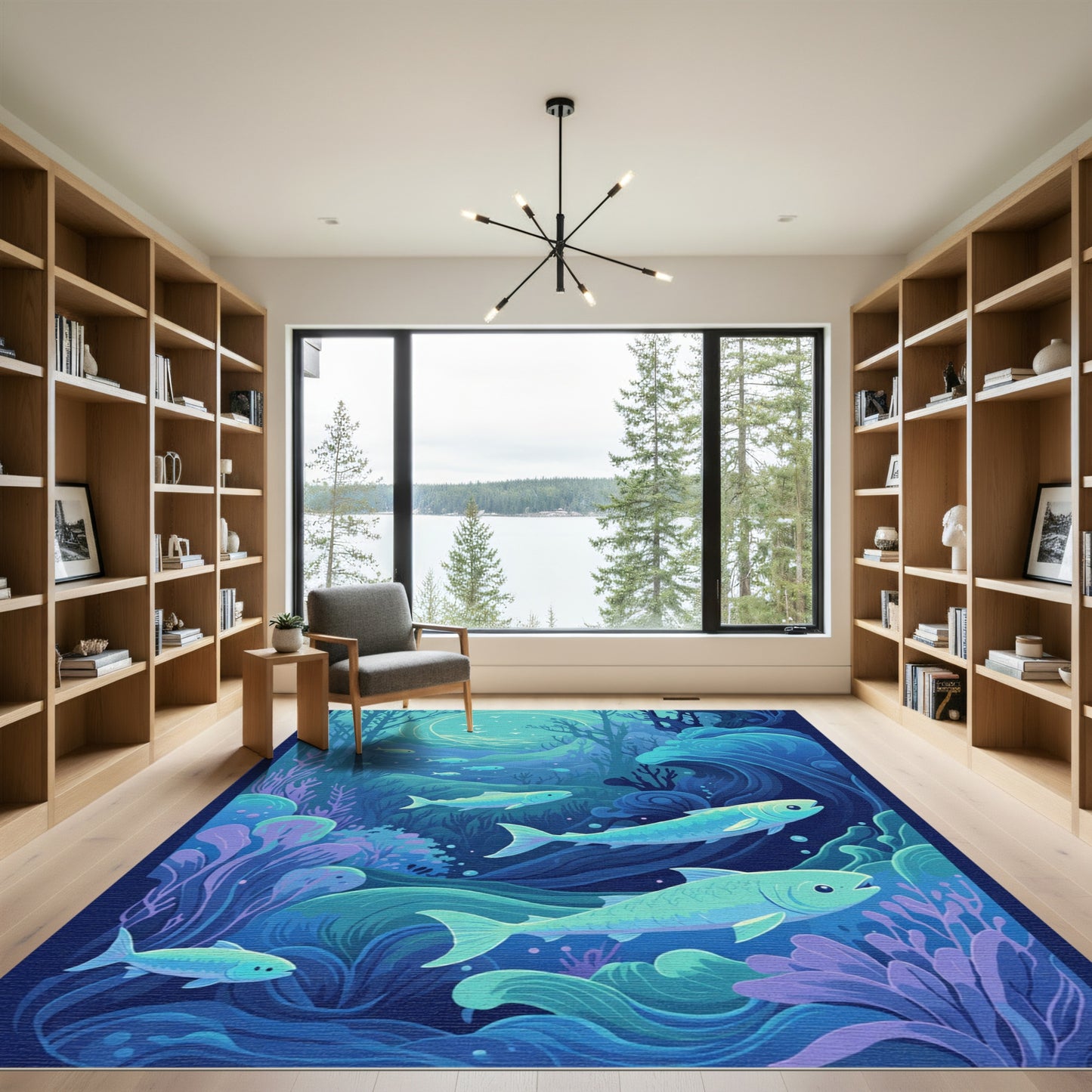 Deep Blue Aquatic Schooling Fish Rug