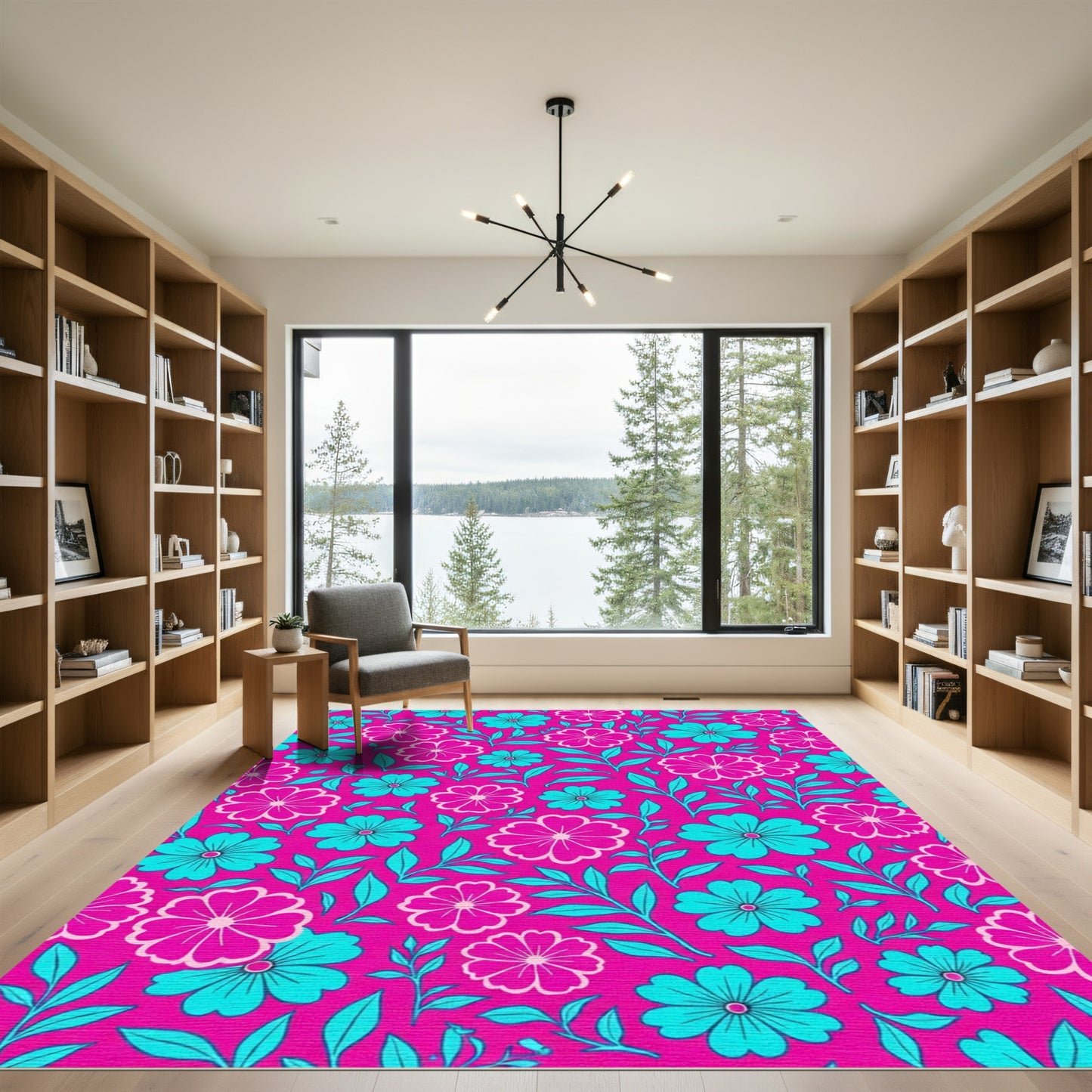 Vibrant Pink Teal Floral Sprig Pattern Rug
