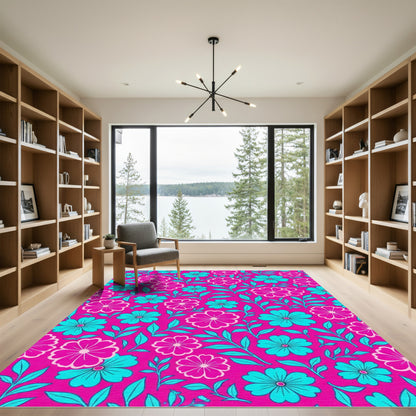 Vibrant Pink Teal Floral Sprig Pattern Rug