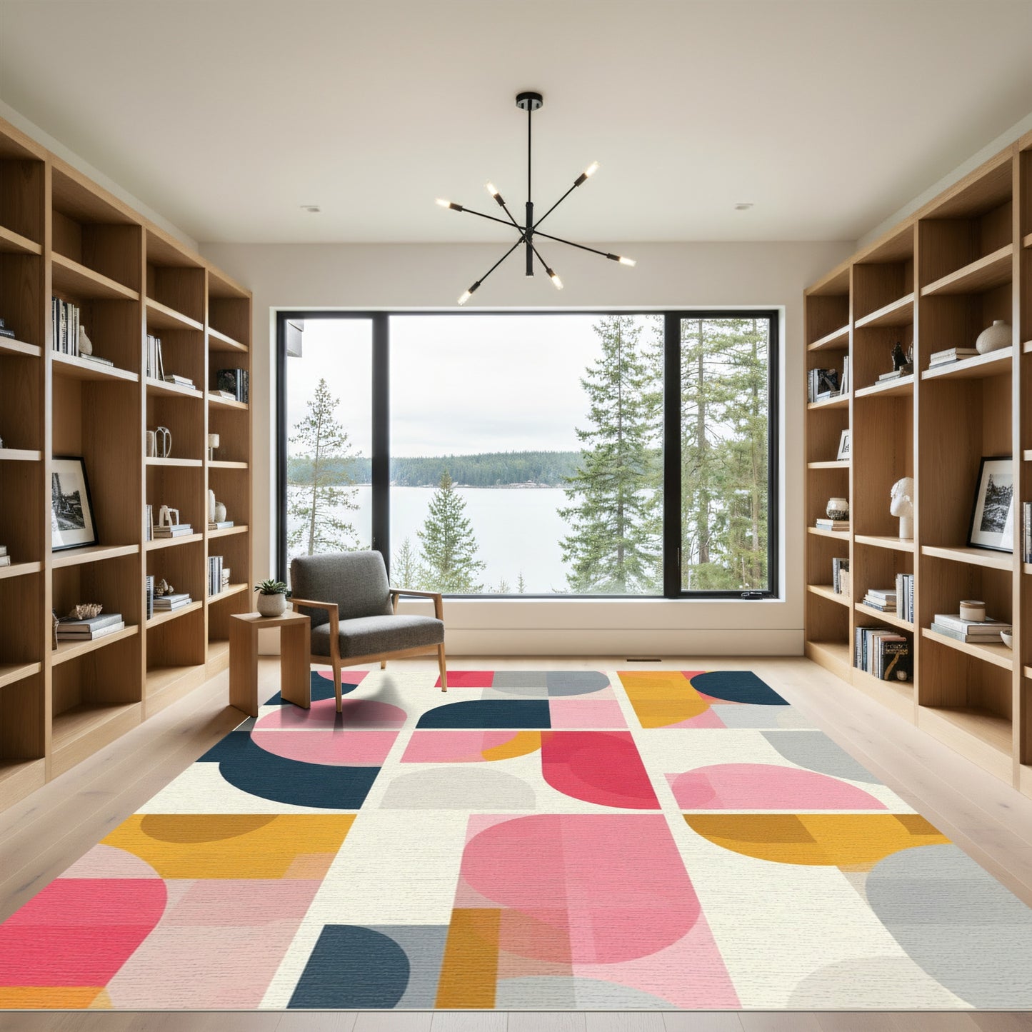 Retro Pink Yellow Geometric Circles Rug