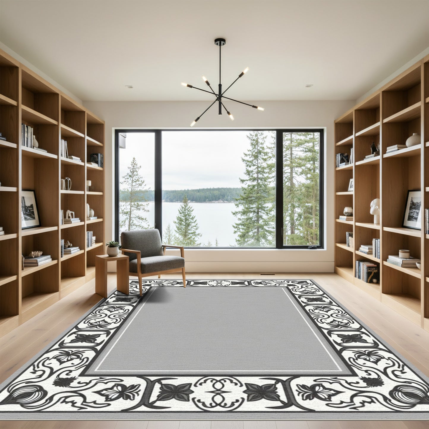 Monochromatic Black White Floral Border Rug