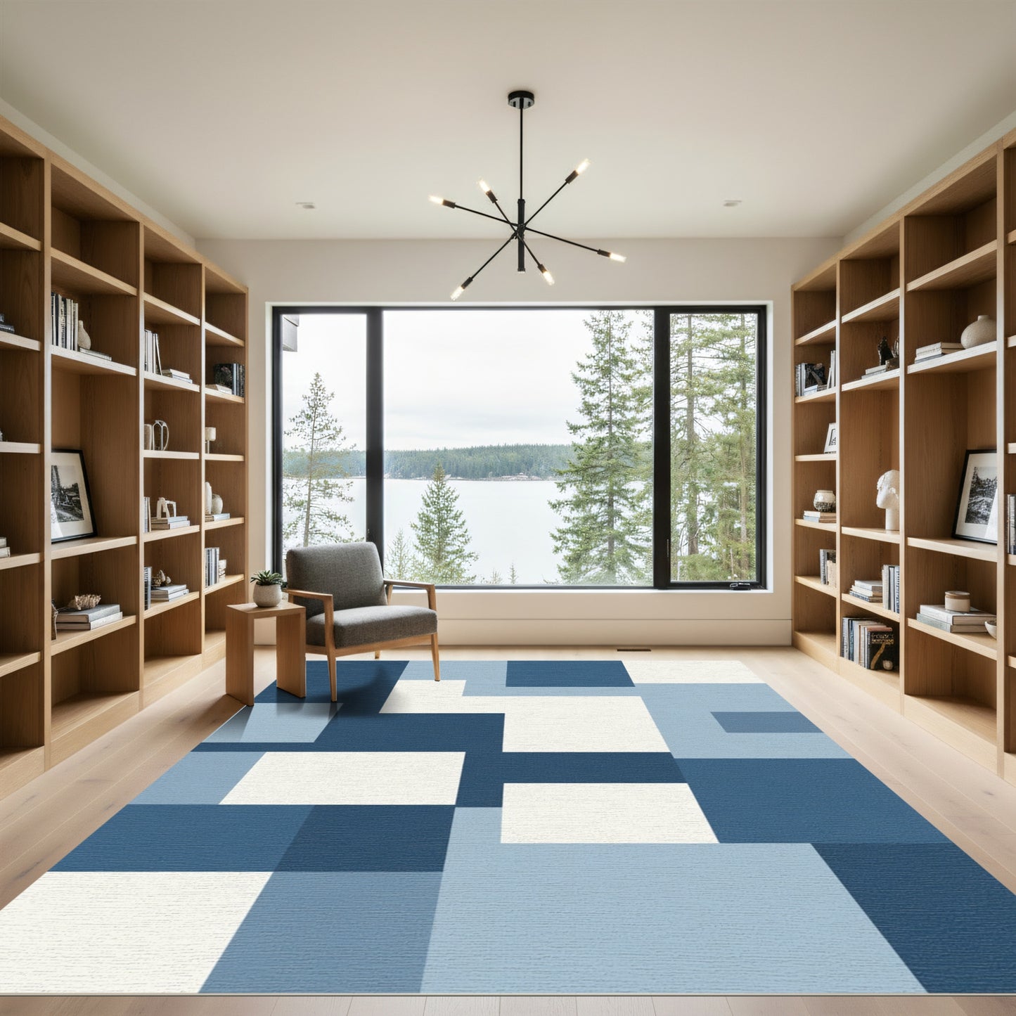 Modern Blue White Geometric Blocks Rug
