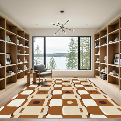 Retro Brown Cream Geometric Check Rug