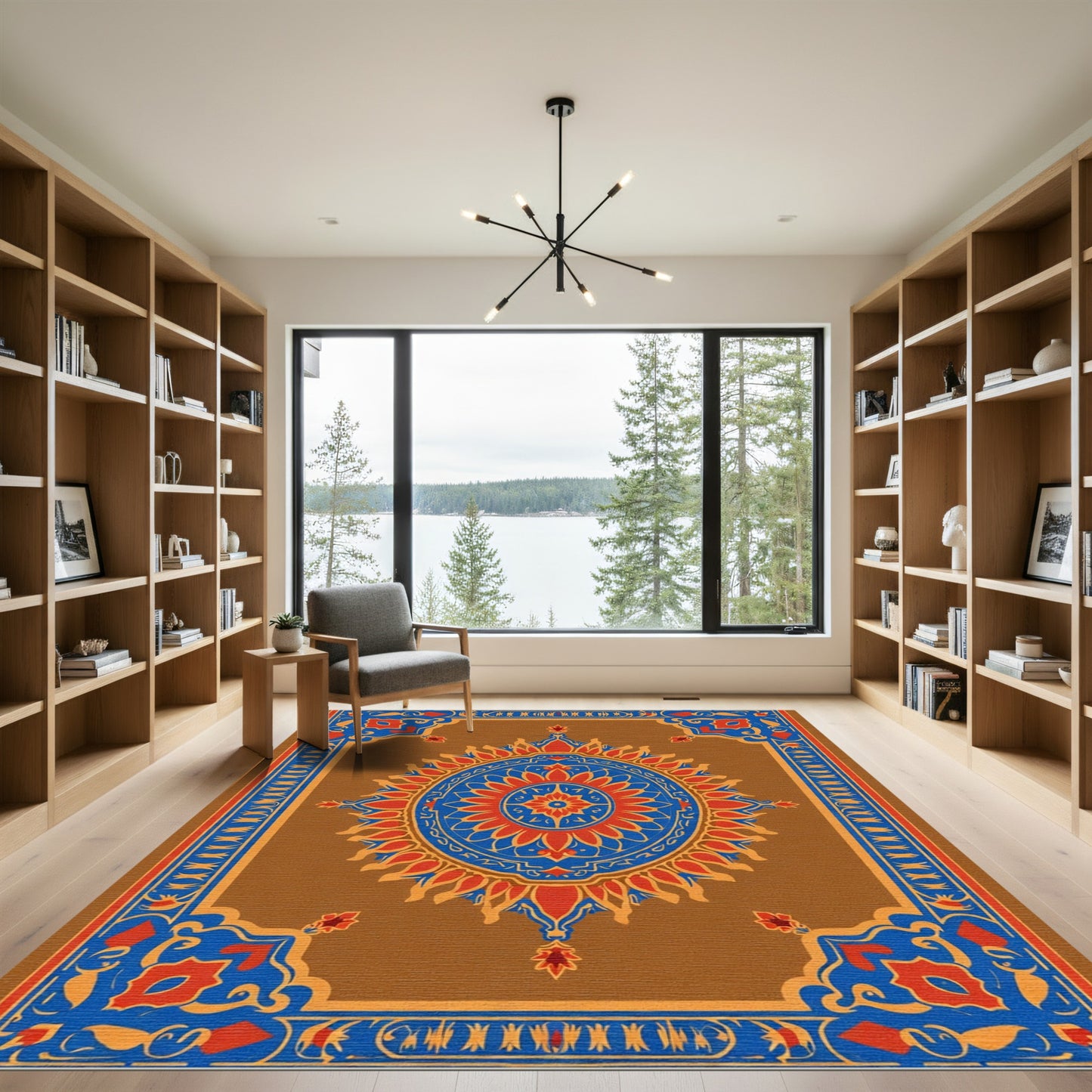 Brown Orange Blue Floral Medallion Rug