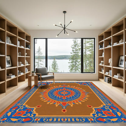 Brown Orange Blue Floral Medallion Rug