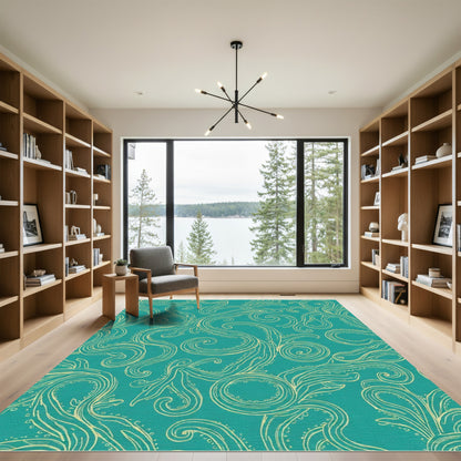 Teal Golden Swirling Organic Lines Rug
