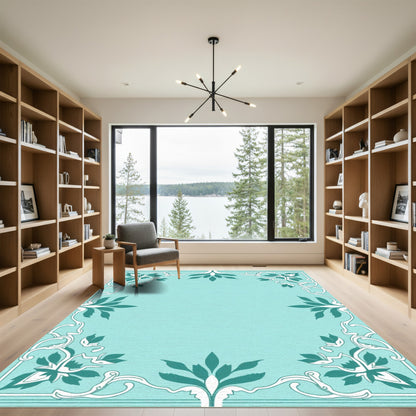 Teal And White Inky Scrollwork Floral Rug