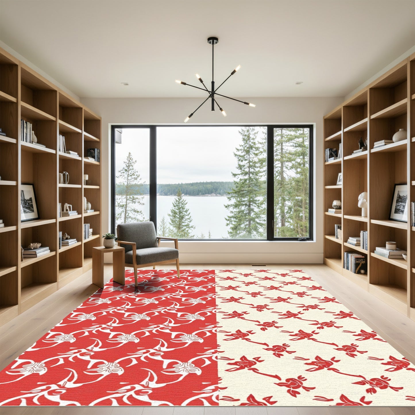 Red and White Stag Floral Rug