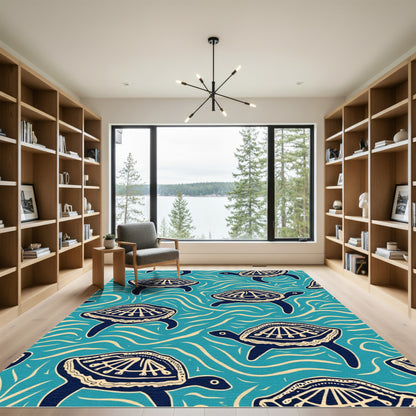Navy Blue Turtle Ocean Waves Rug