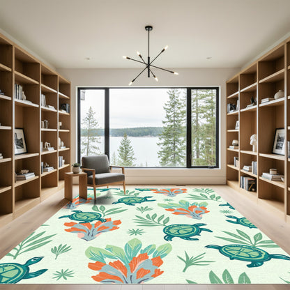 Teal Turtle Coral Leaf Arrangement Rug