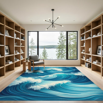 Dynamic Blue Crashing Waves Rug