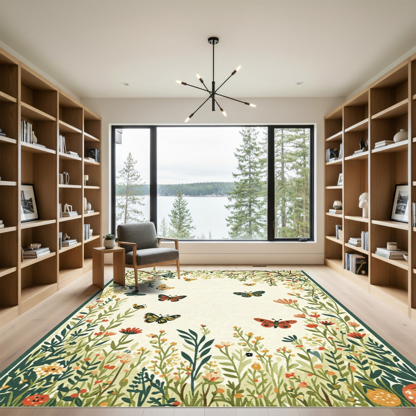 Whimsical Garden Butterflies Meadow Scene Rug