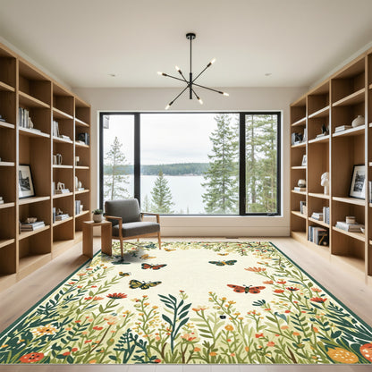 Whimsical Garden Butterflies Meadow Scene Rug