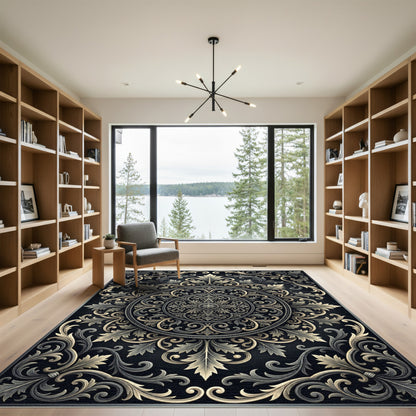 Elegant Black Gold Scroll Medallion Rug