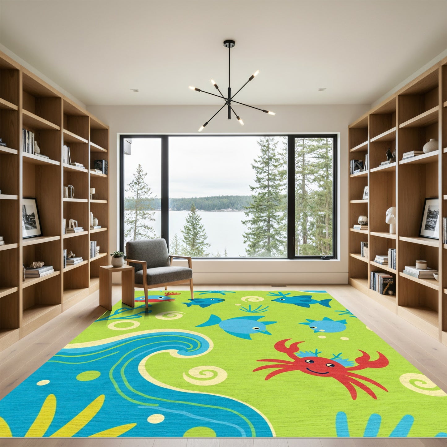 Playful Blue Fish Red Crab Ocean Waves Rug