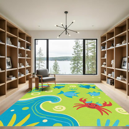 Playful Blue Fish Red Crab Ocean Waves Rug