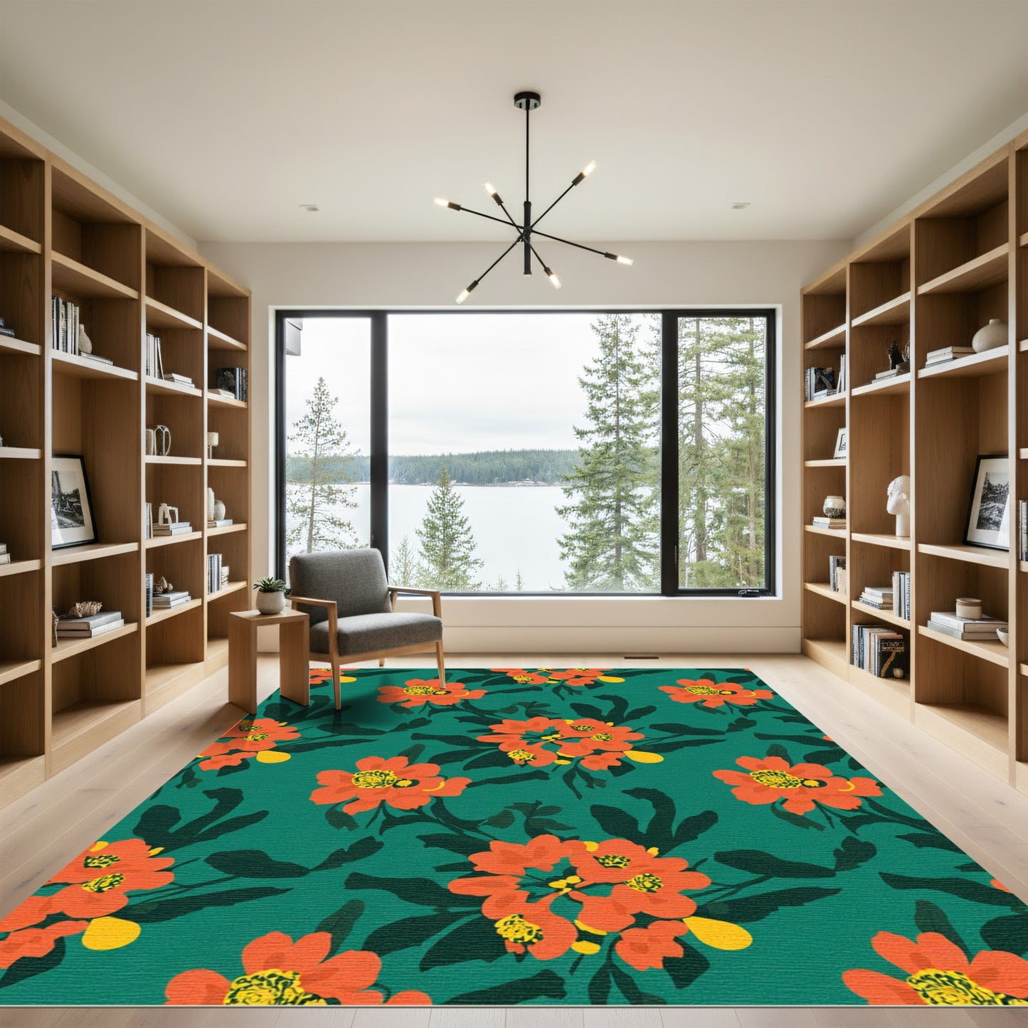 Bold Orange Blossom Teal Floral Rug