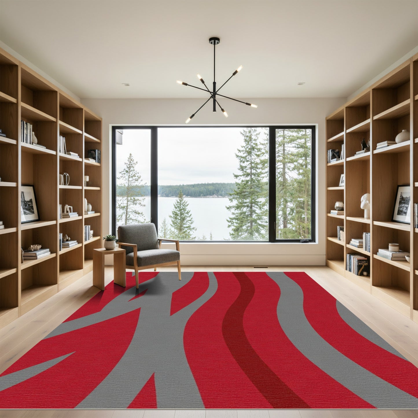 Red Gray Abstract Wavy Stripes Rug