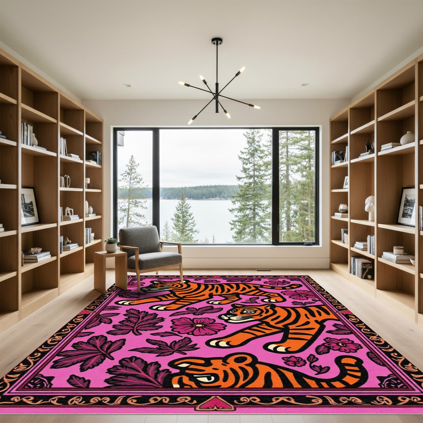 Vibrant Pink Tiger Floral Collection Rug
