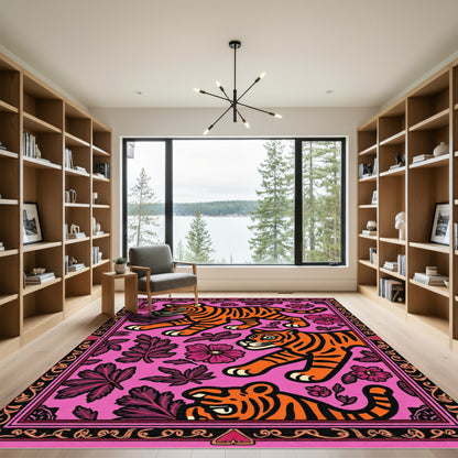 Vibrant Pink Tiger Floral Collection Rug