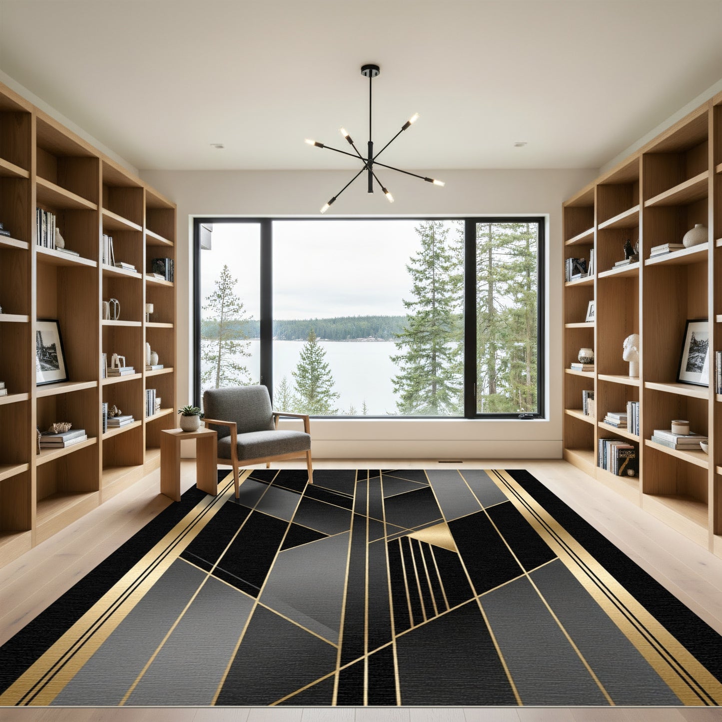 Art Deco Black Gold Geometric Lines Rug