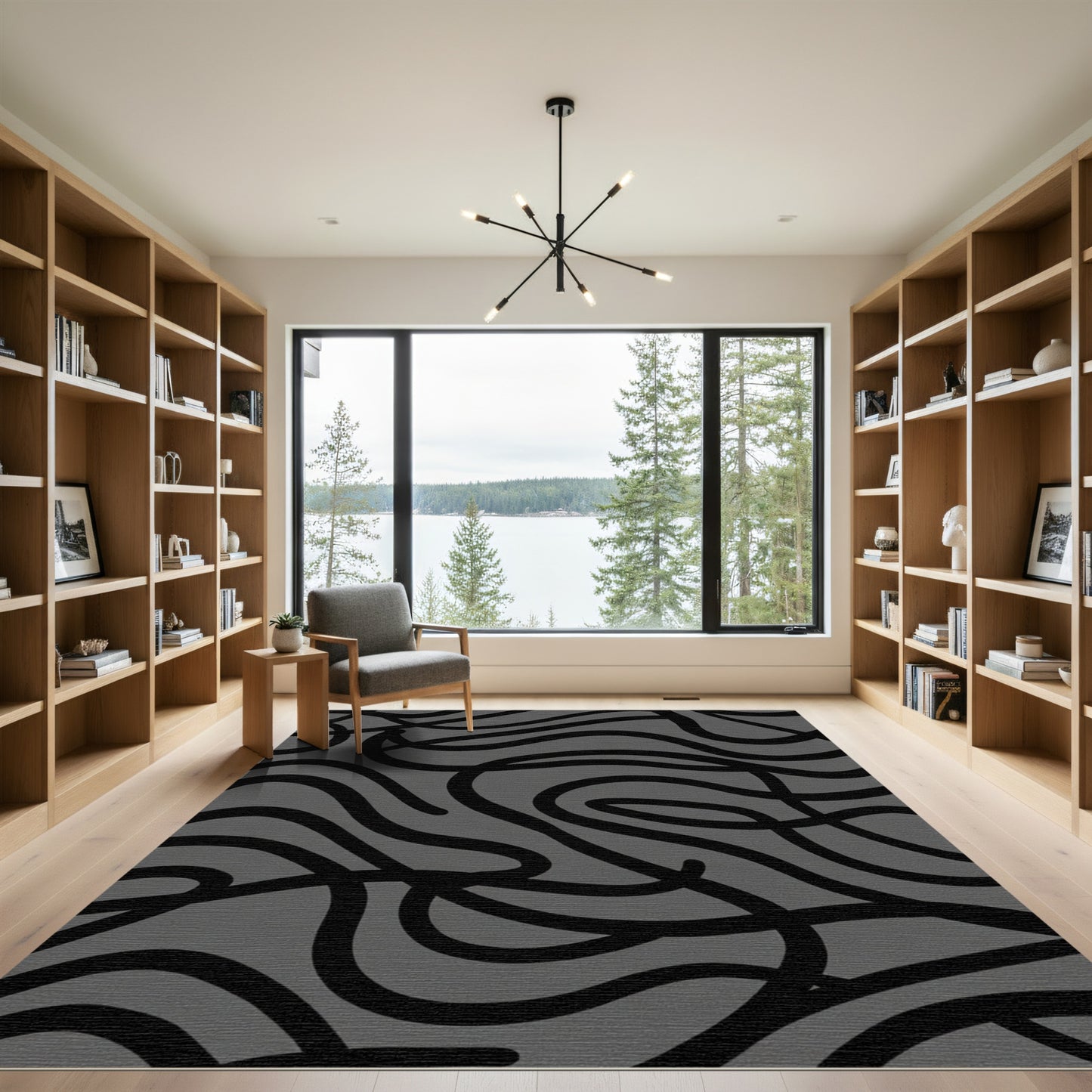 Monochrome Wavy Swirl Abstract Rug