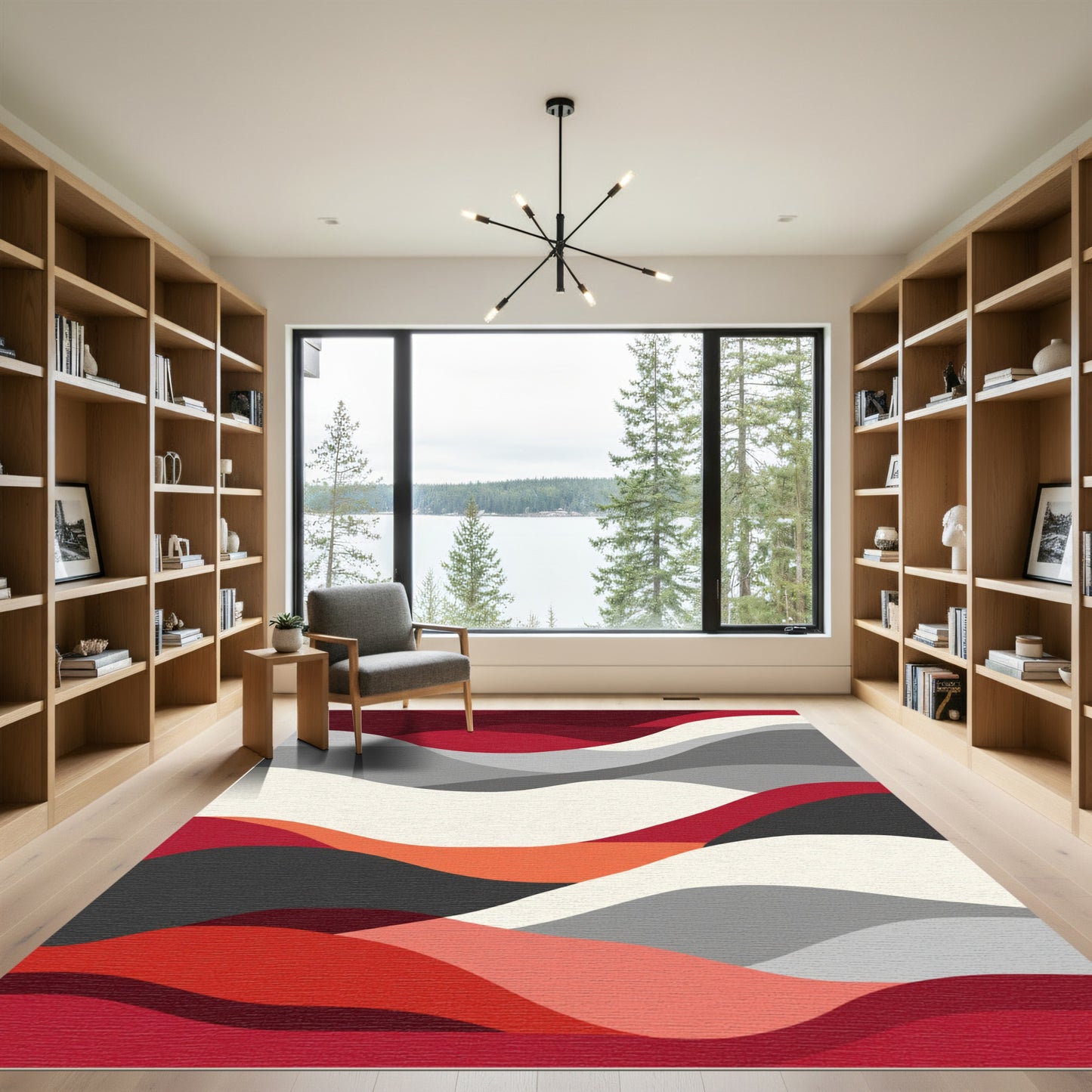 Crimson Gray Wavy Abstract Landscape Rug