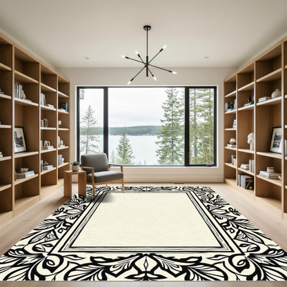 Bold Black White Floral Frame Rug