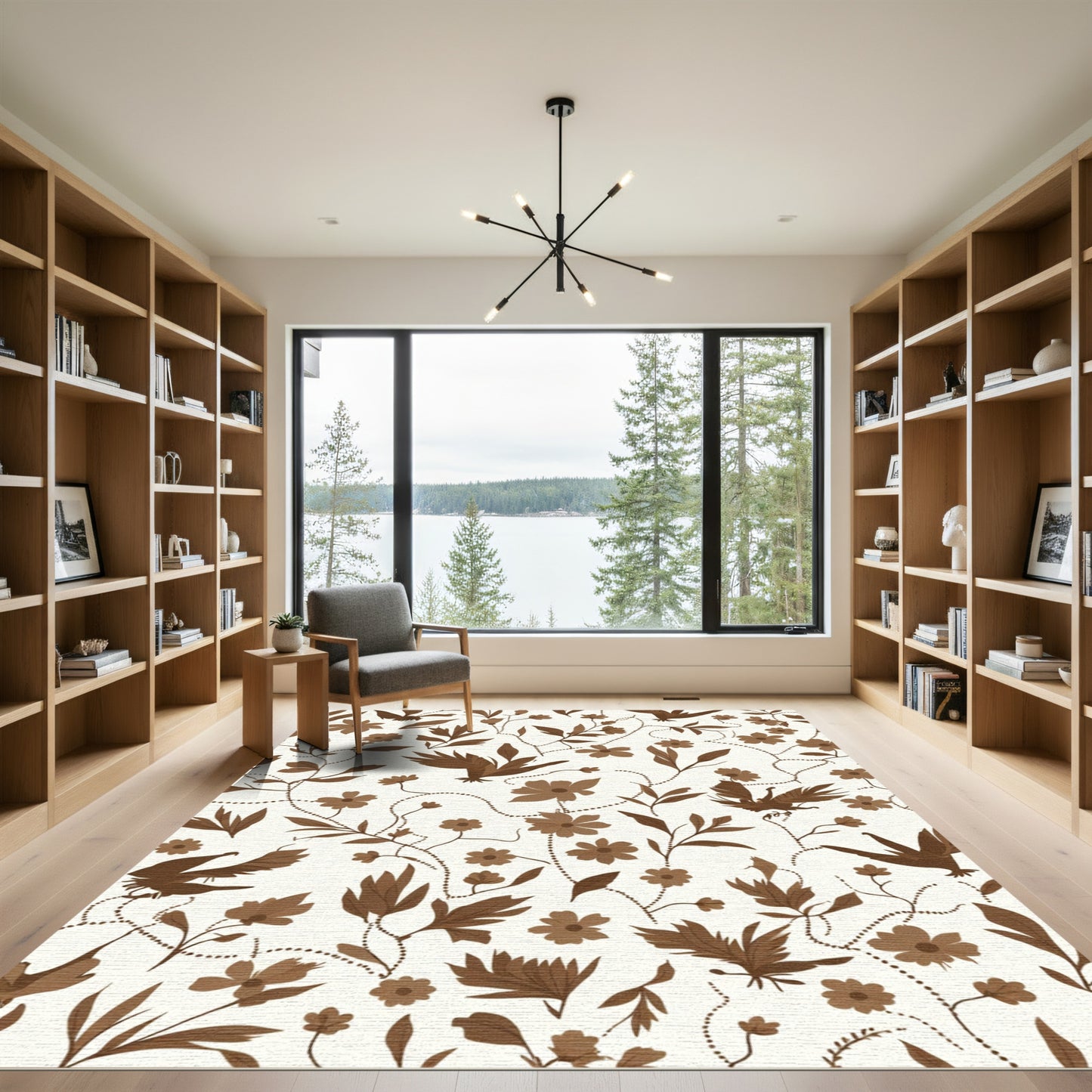 Brown Floral Bird Vine Repeat Rug