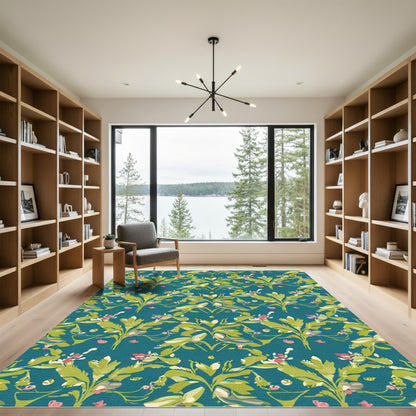 Teal Floral Botanical Garden Rug