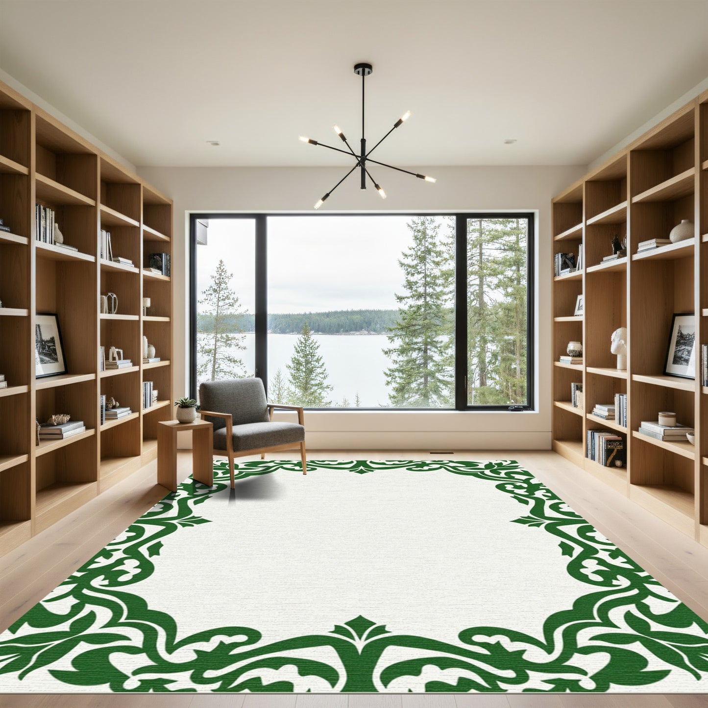 Emerald Green Curving Leaf Scroll Border Rug