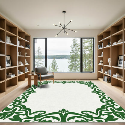 Emerald Green Curving Leaf Scroll Border Rug