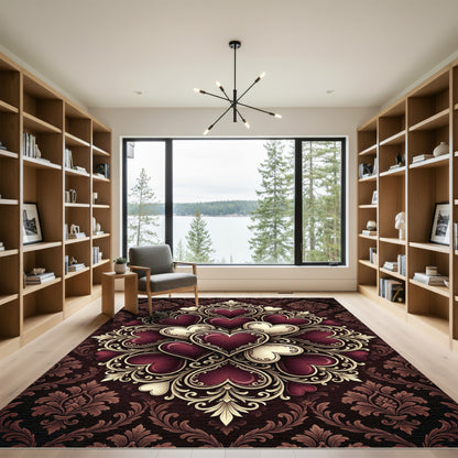 Crimson Gold Heart Mandala Arrangement Rug