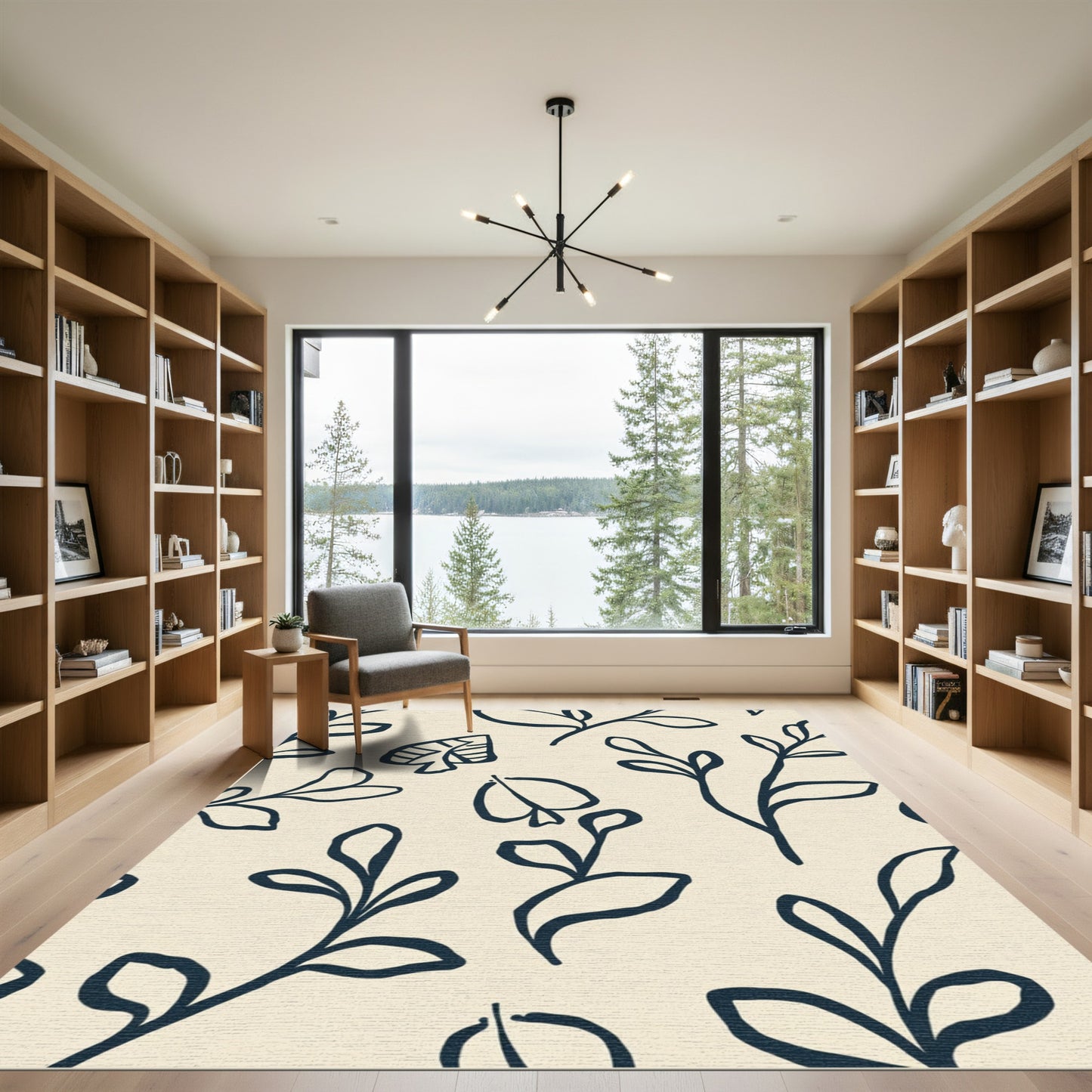 Minimalist Navy Leafy Branch Composition Rug
