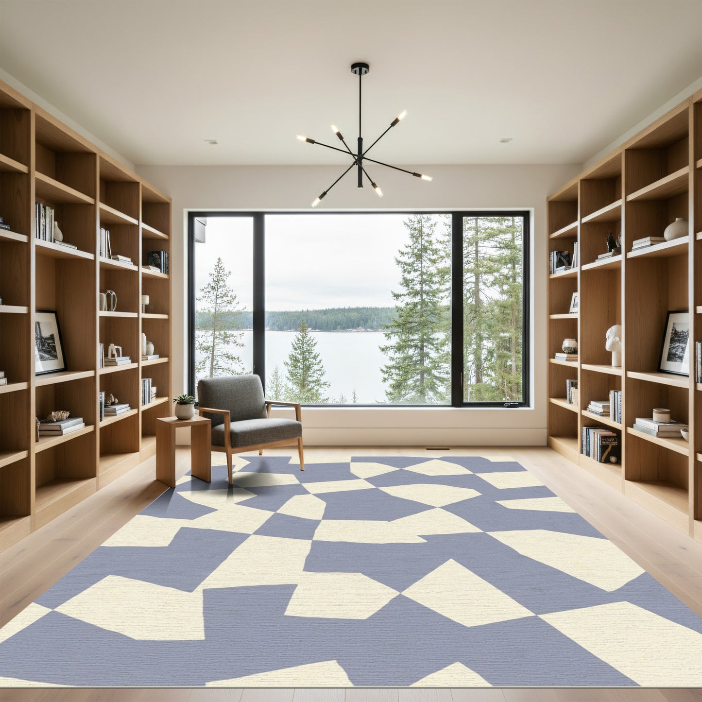 Soft Blue and Cream Irregular Grid Rug