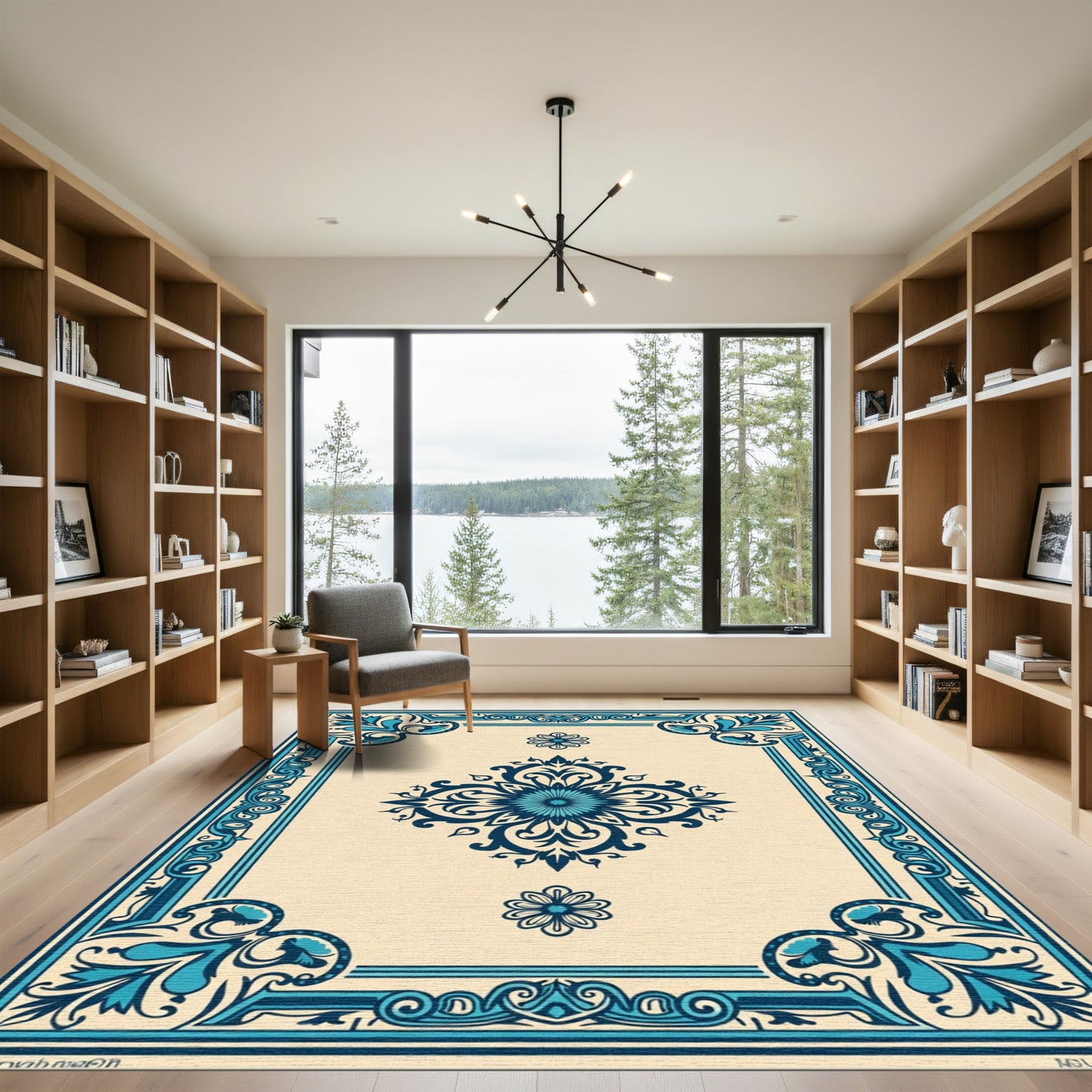 Cream Blue Floral Medallion Border Rug
