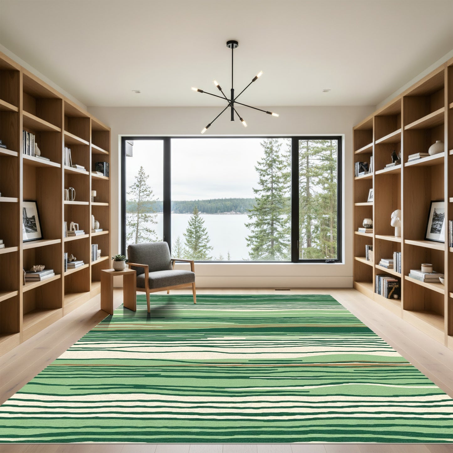 Green And Cream Wavy Stripe Rug