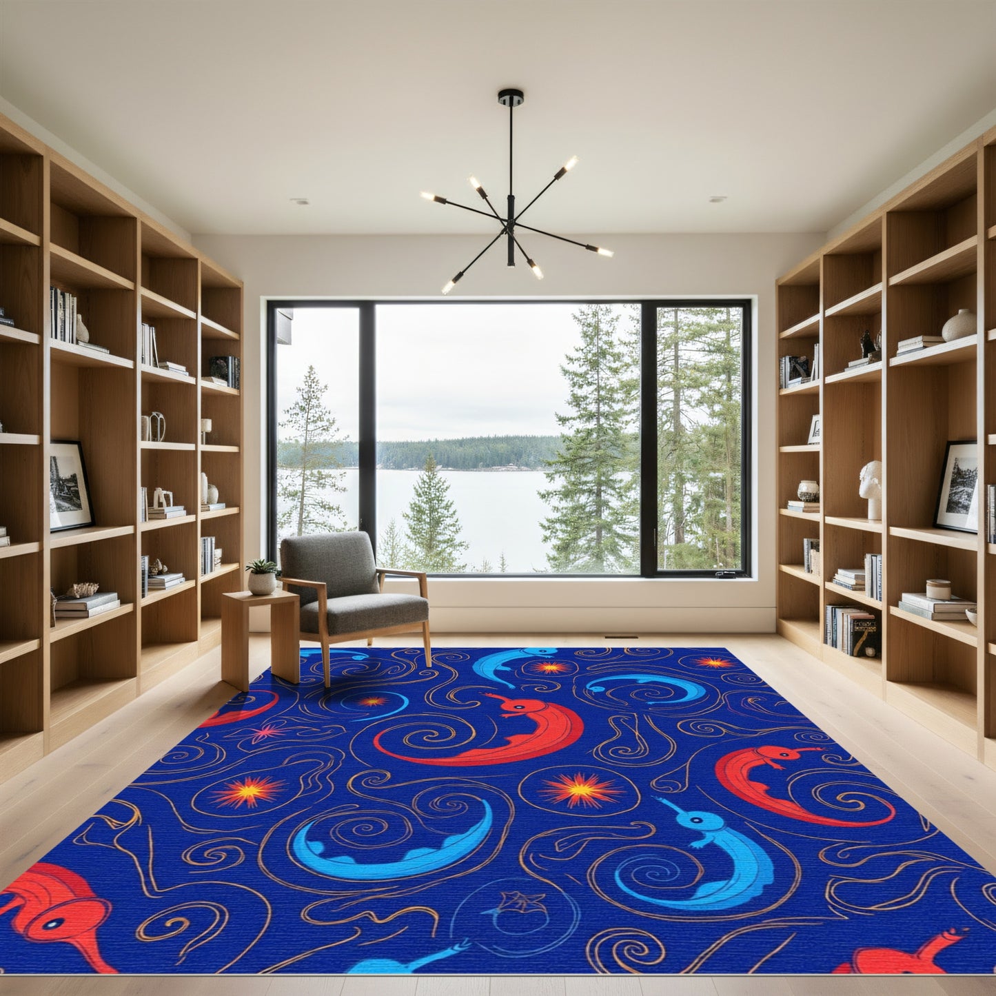 Whimsical Blue Red Creatures Swirls Rug