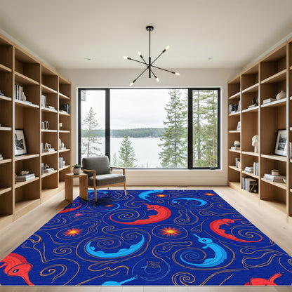 Whimsical Blue Red Creatures Swirls Rug