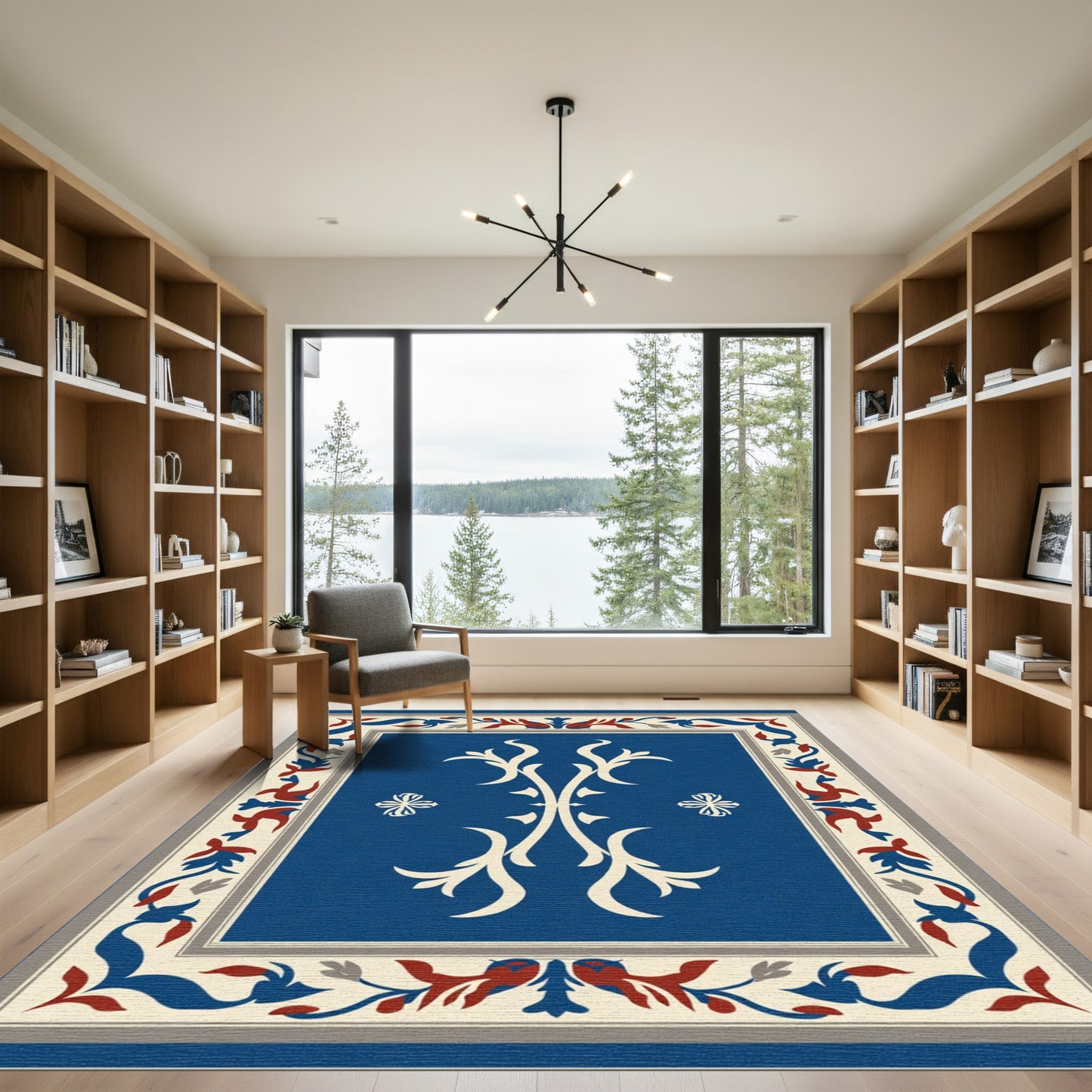 Azure Crimson Floral Scrollwork Rug