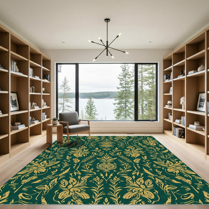 Emerald Gold Botanical Floral Arrangement Rug