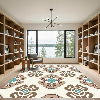Brown Teal Red Floral Medallion Rug
