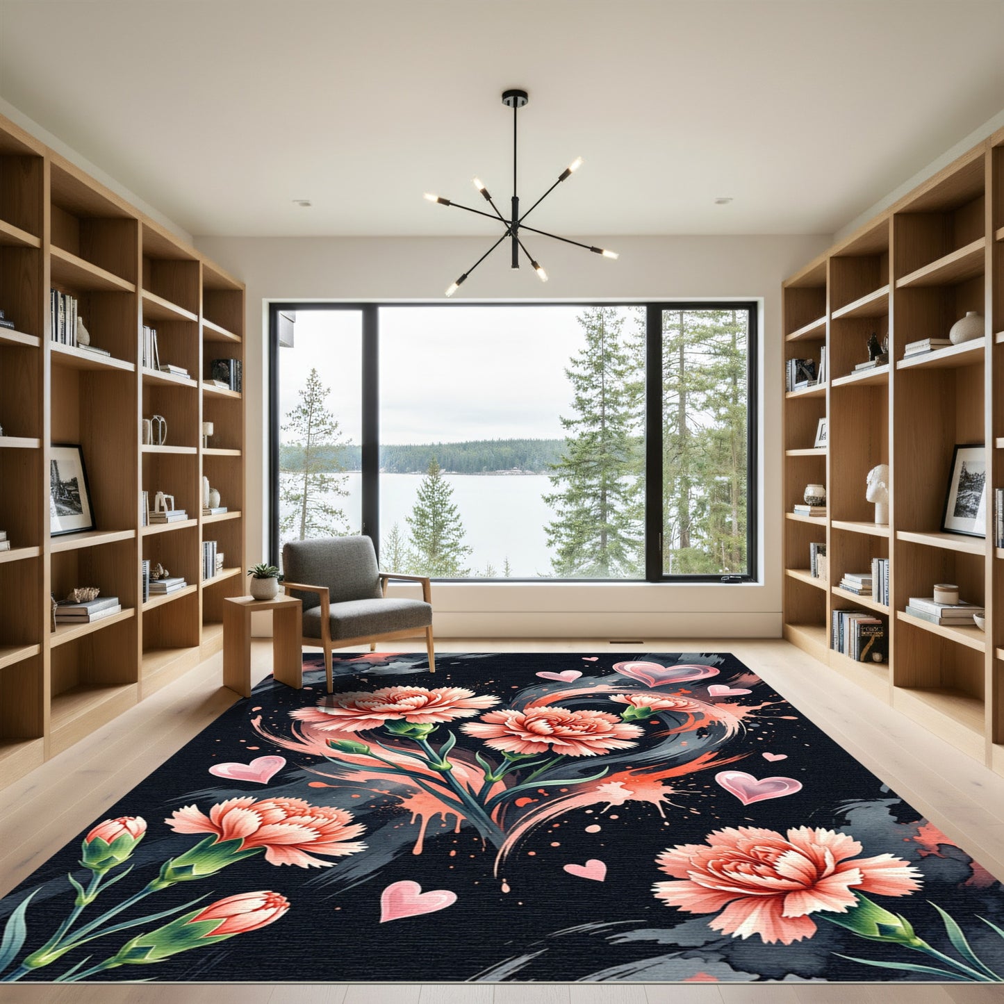 Coral Carnations With Pink Hearts Background Rug