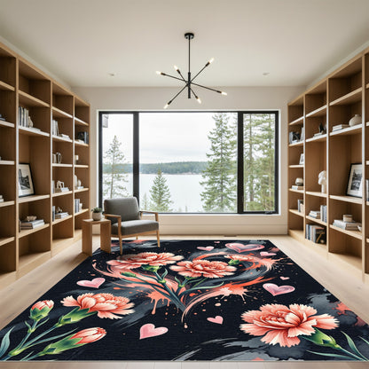 Coral Carnations With Pink Hearts Background Rug