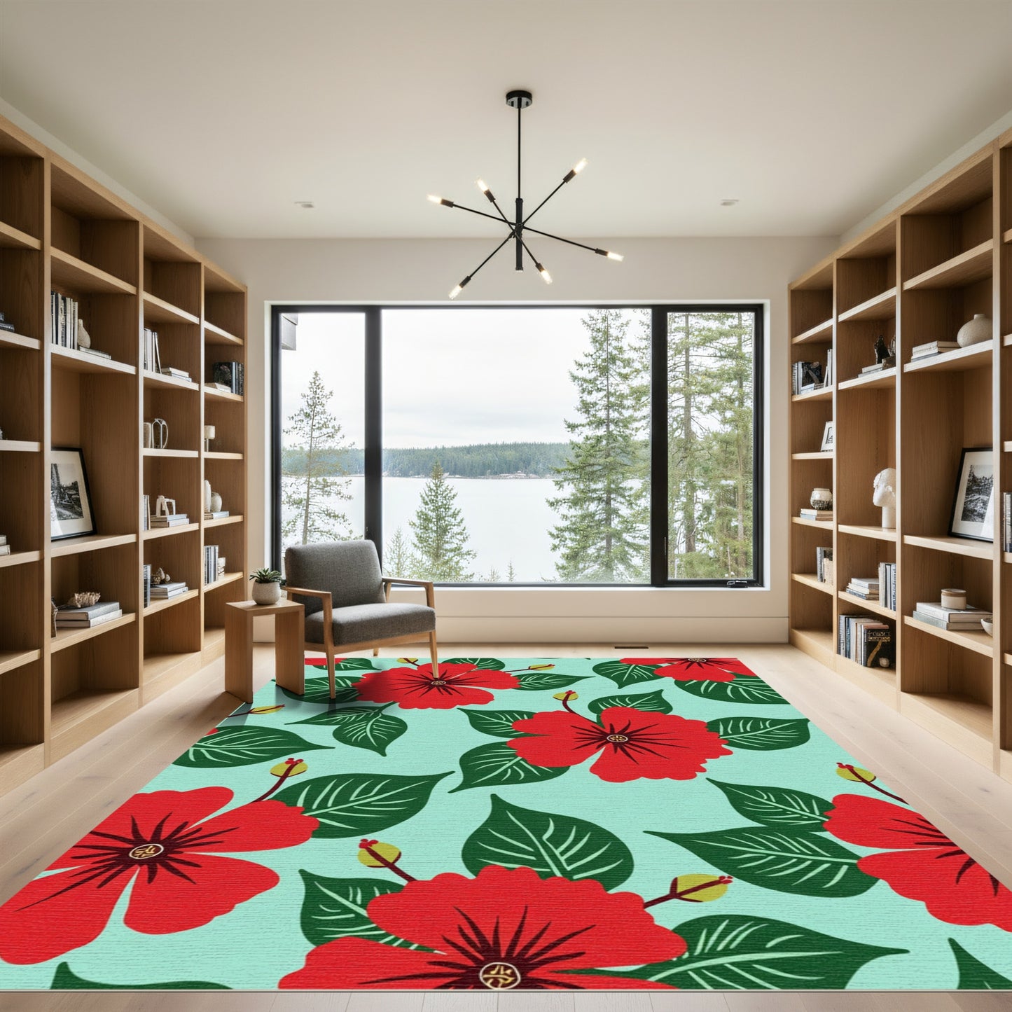 Red Tropical Hibiscus Floral Rug
