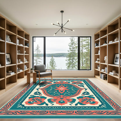Coral Teal Floral Frame Composition Rug