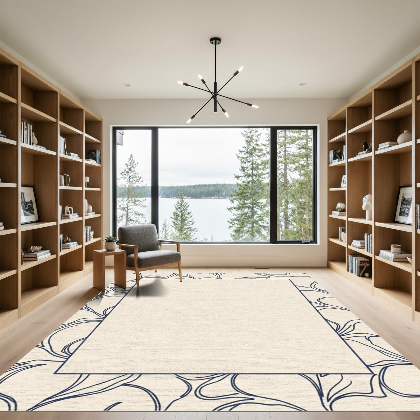 Cream Navy Outline Botanical Square Rug