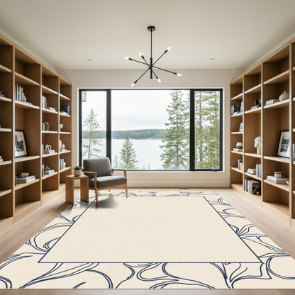 Cream Navy Outline Botanical Square Rug