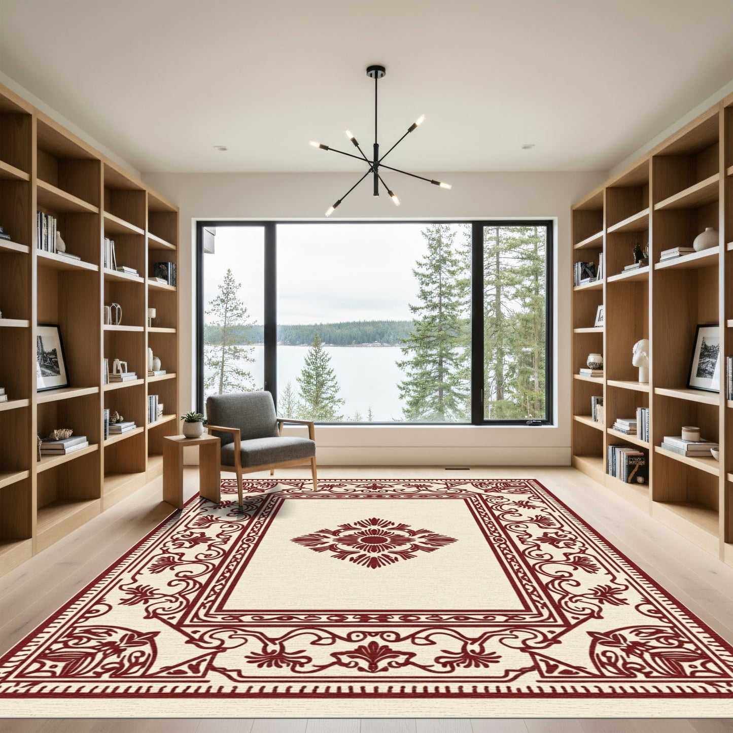 Deep Red Floral Diamond Frame Rug